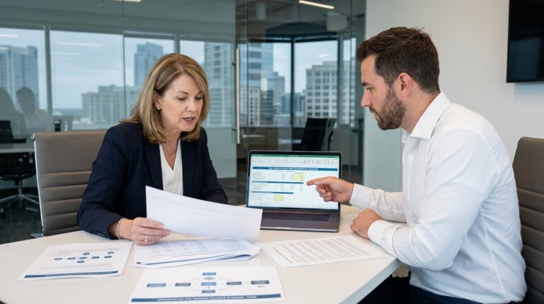 Business exit planning tax advisor reviewing deal terms and capital gains tax mitigation strategies with a founder
